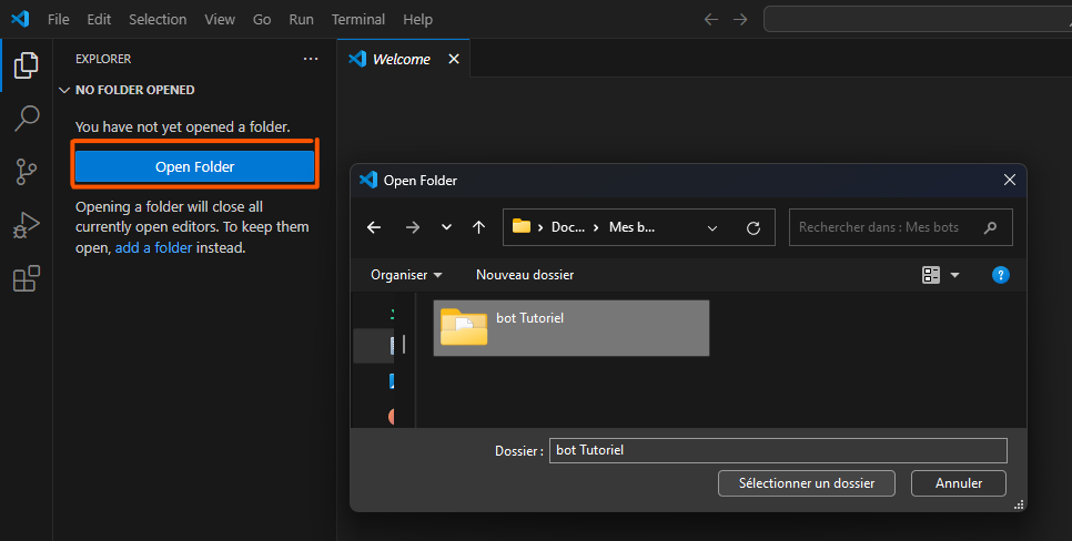 Ouverture du dossier dans Visual Studio Code