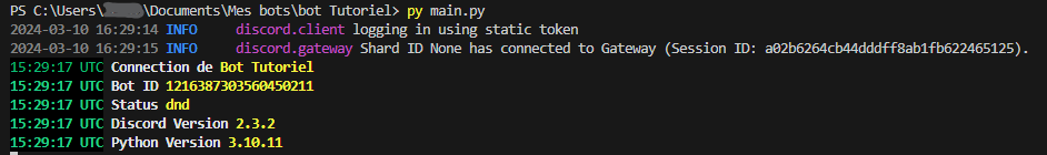 Succès du démarrage du bot
